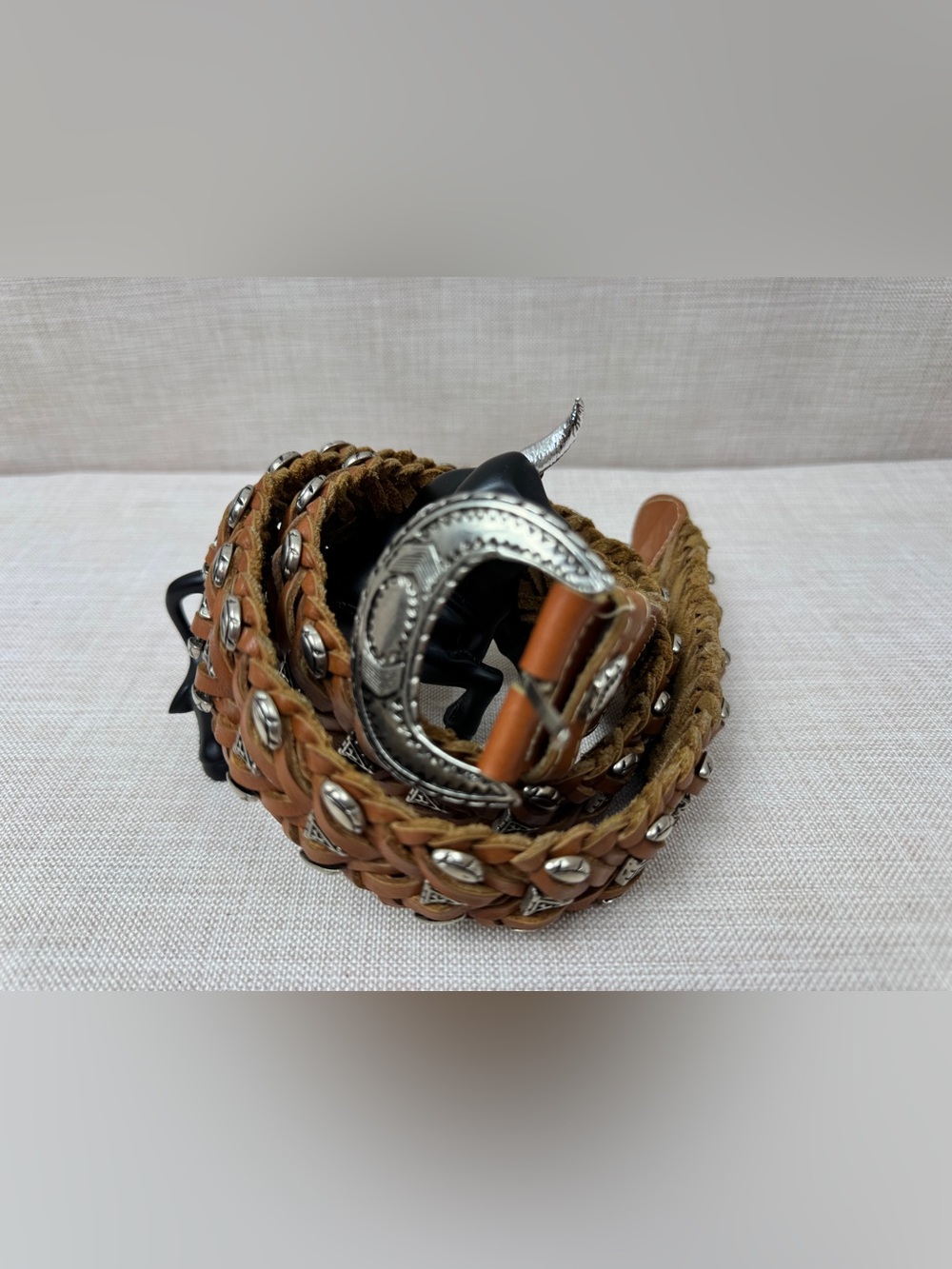 Vintage 1980's Unisex Omega Western Belt Size L Braided Leather Metal Accents